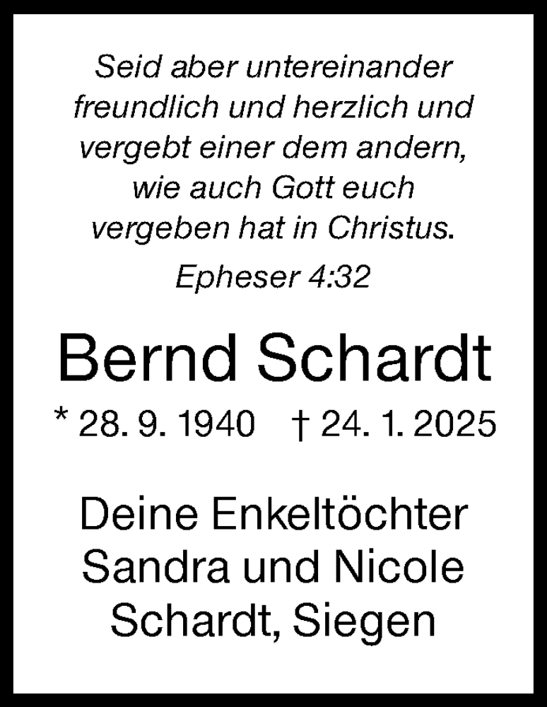  Traueranzeige für Bernd Schardt vom 27.09.2025 aus Siegener Zeitung