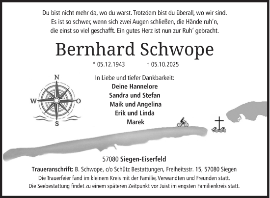 Traueranzeige von Bernhard Schwope von Siegener Zeitung