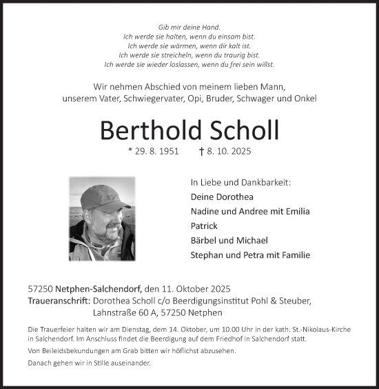 Traueranzeige von Berthold Scholl von Siegener Zeitung