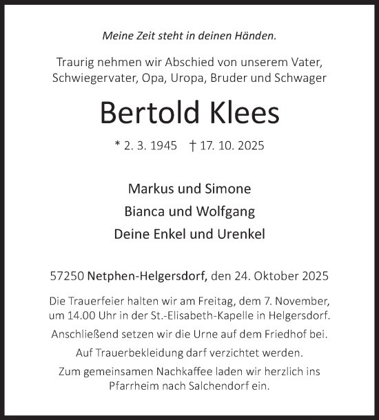 Traueranzeige von Bertold Klees von Siegener Zeitung