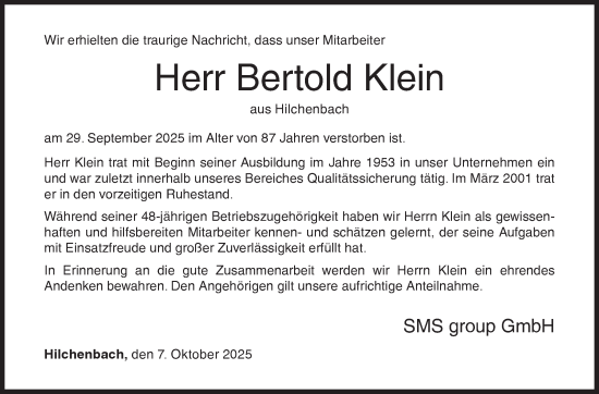 Traueranzeige von Bertold Klein von Siegener Zeitung