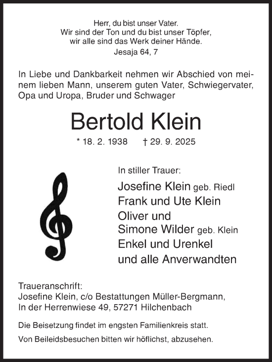 Traueranzeige von Bertold Klein von Siegener Zeitung