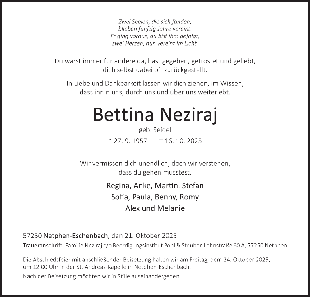  Traueranzeige für Bettina Neziraj vom 21.10.2025 aus Siegener Zeitung