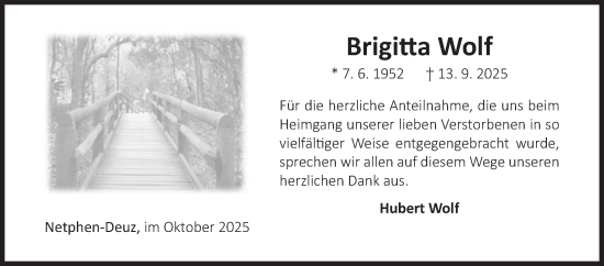 Traueranzeige von Brigitta Wolf von Siegener Zeitung