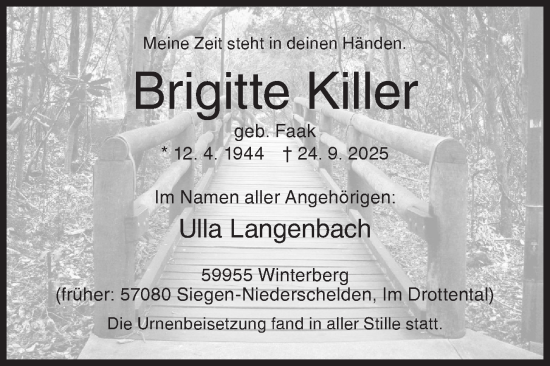 Traueranzeige von Brigitte Killer von Siegener Zeitung