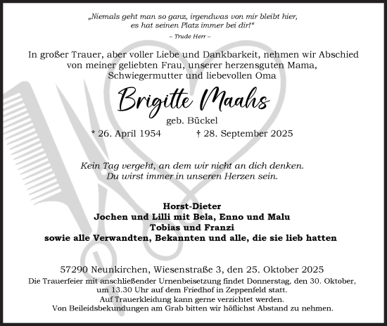 Traueranzeige von Brigitte Maahs von Siegener Zeitung