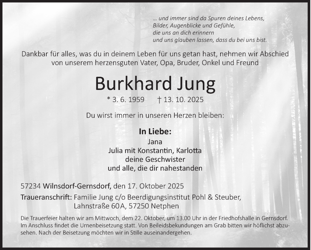  Traueranzeige für Burkhard Jung vom 17.10.2025 aus Siegener Zeitung