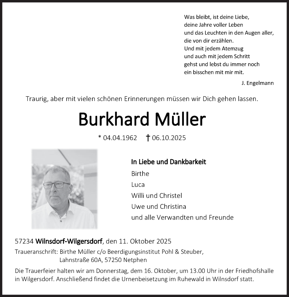  Traueranzeige für Burkhard Müller vom 11.10.2025 aus Siegener Zeitung