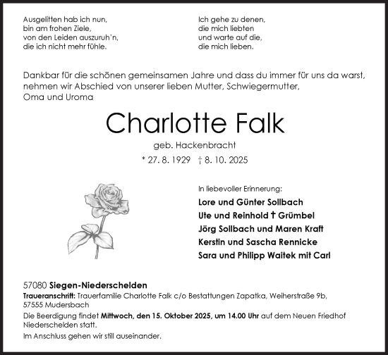 Traueranzeige von Charlotte Falk von Siegener Zeitung