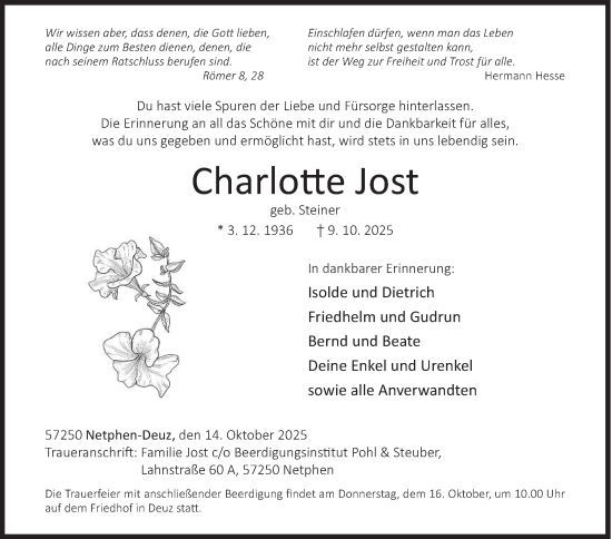 Traueranzeige von Charlotte Jost von Siegener Zeitung