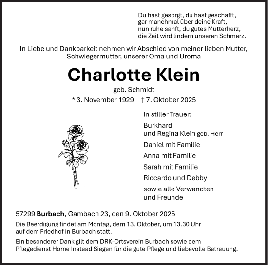 Traueranzeige von Charlotte Klein von Siegener Zeitung