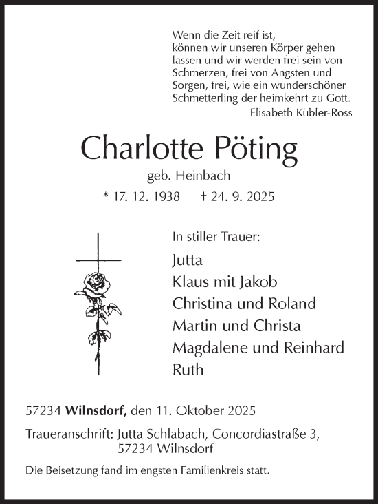 Traueranzeige von Charlotte Pöting von Siegener Zeitung