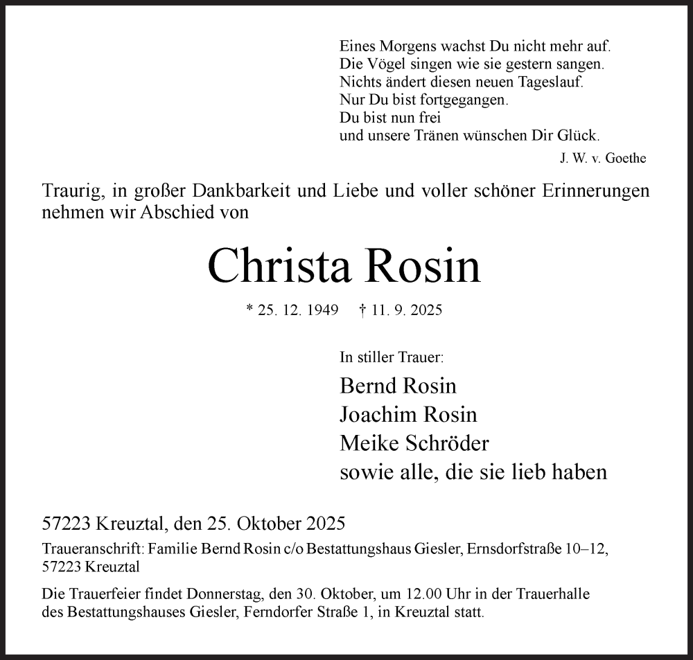  Traueranzeige für Christa Rosin vom 25.10.2025 aus Siegener Zeitung