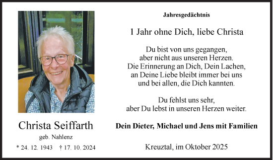 Traueranzeige von Christa Seiffarth von Siegener Zeitung
