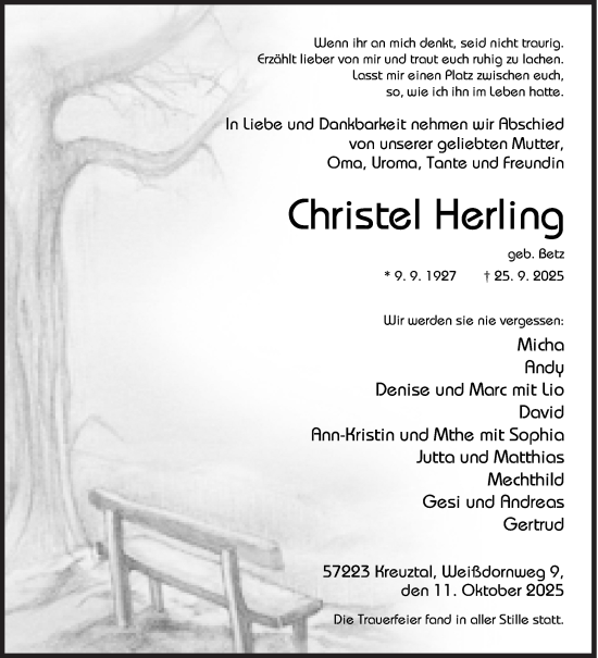 Traueranzeige von Christel Herling von Siegener Zeitung