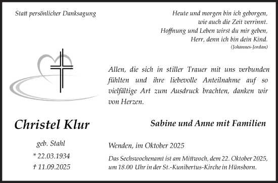 Traueranzeige von Christel Klur von Siegener Zeitung