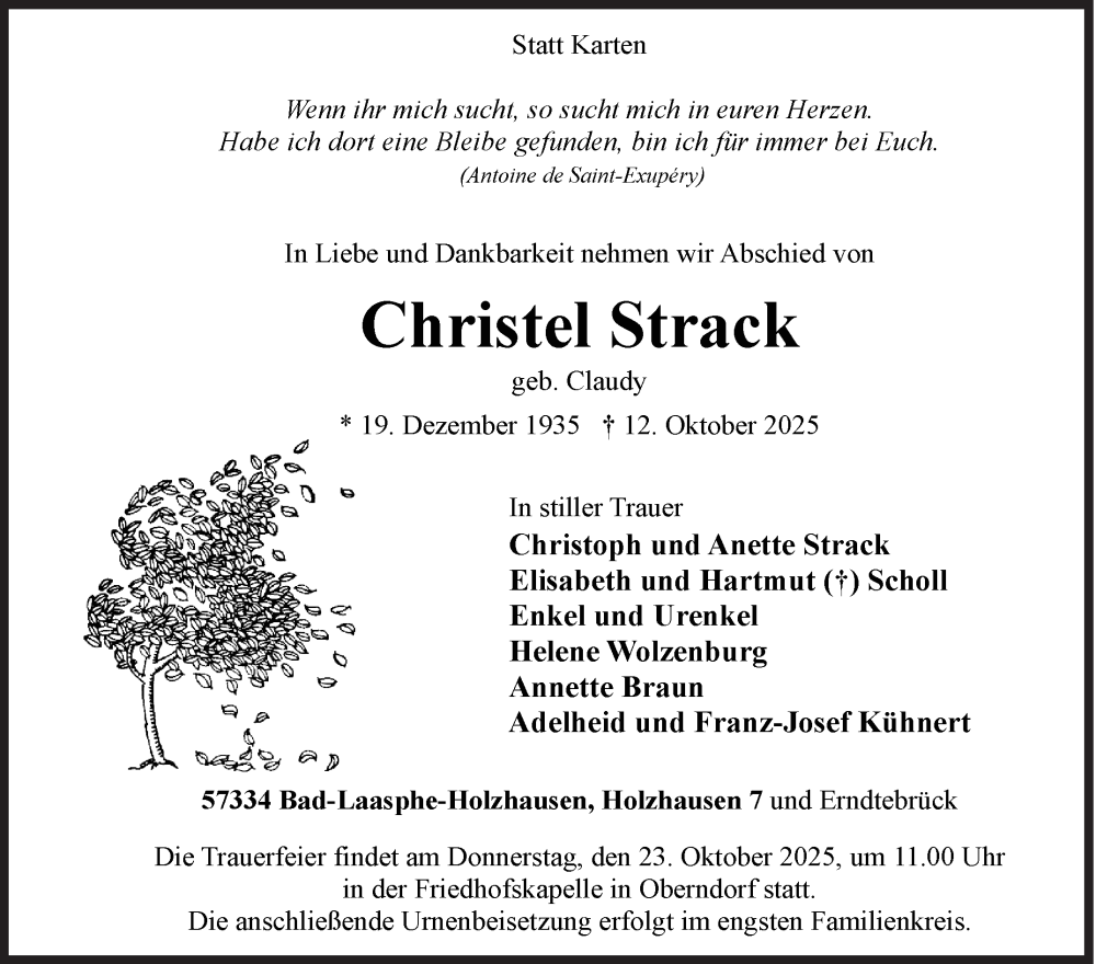 Traueranzeige für Christel Strack vom 18.10.2025 aus Siegener Zeitung