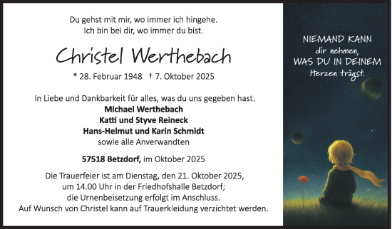 Traueranzeige von Christel Werthebach von Siegener Zeitung