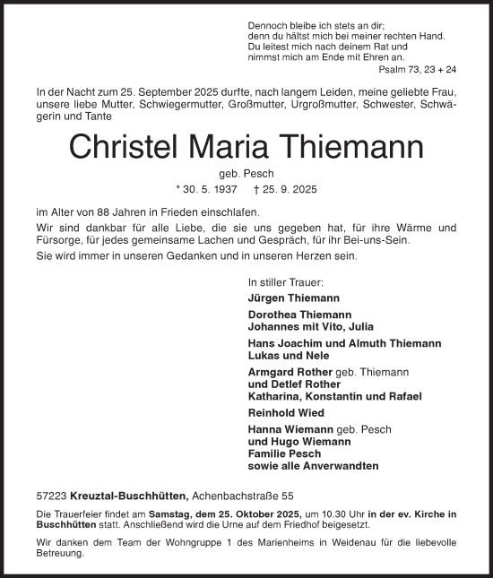 Traueranzeige von Christel Maria Thiemann von Siegener Zeitung
