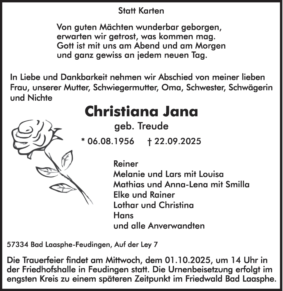  Traueranzeige für Christiana  Jana vom 27.09.2025 aus Siegener Zeitung