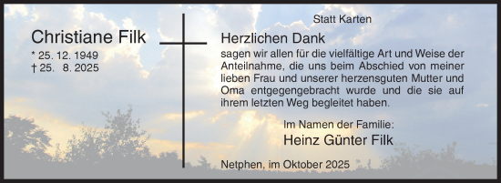 Traueranzeige von Christiane Filk von Siegener Zeitung