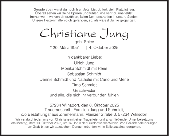 Traueranzeige von Christiane Jung von Siegener Zeitung