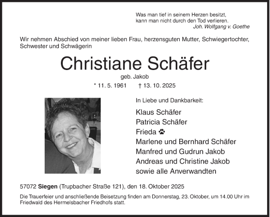 Traueranzeige von Christiane Schäfer von Siegener Zeitung