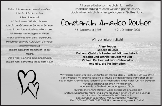 Traueranzeige von Constantin Amadeo Rauber von Siegener Zeitung