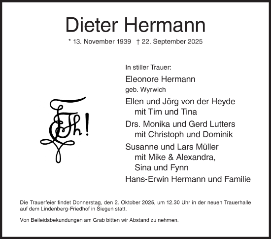 Traueranzeige von Dieter Hermann von Siegener Zeitung