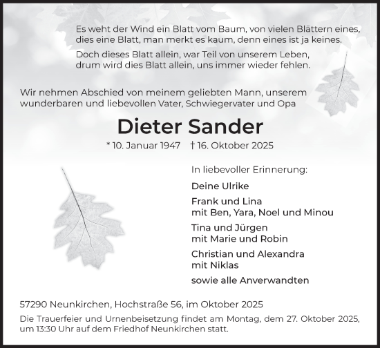Traueranzeige von Dieter Sander von Siegener Zeitung