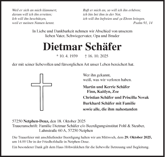 Traueranzeige von Dietmar Schäfer von Siegener Zeitung