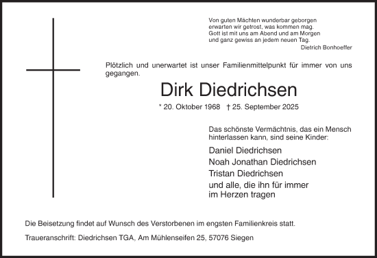 Traueranzeige von Dirk Diedrichsen von Siegener Zeitung