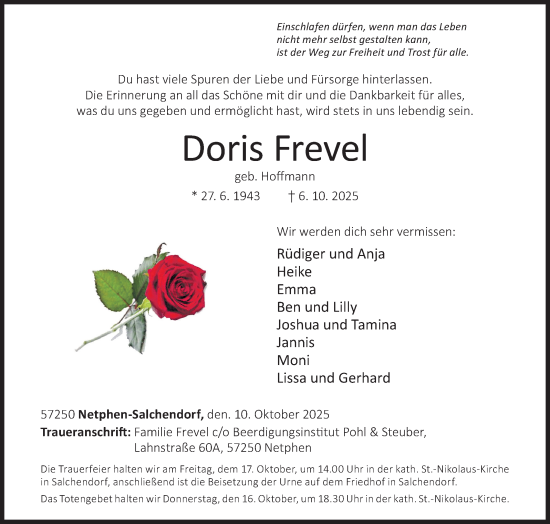 Traueranzeige von Doris Frevel von Siegener Zeitung