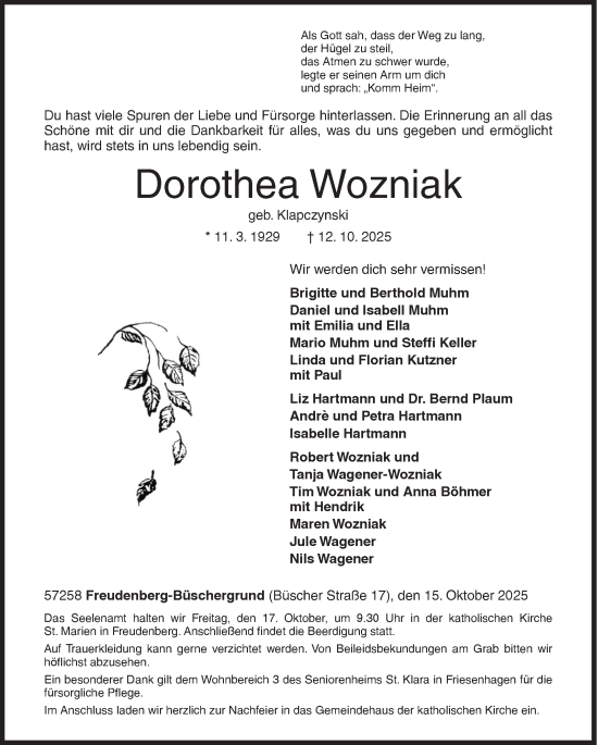 Traueranzeige von Dorothea Wozniak von Siegener Zeitung