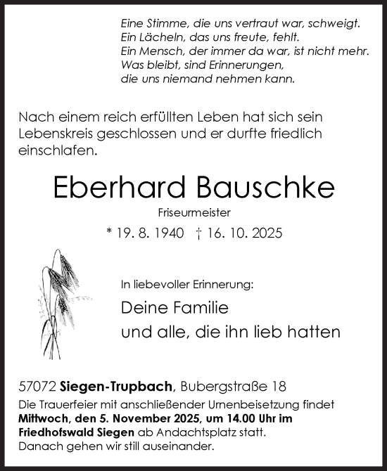 Traueranzeige von Eberhard Bauschke von Siegener Zeitung