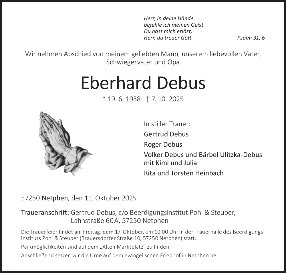  Traueranzeige für Eberhard Debus vom 11.10.2025 aus Siegener Zeitung
