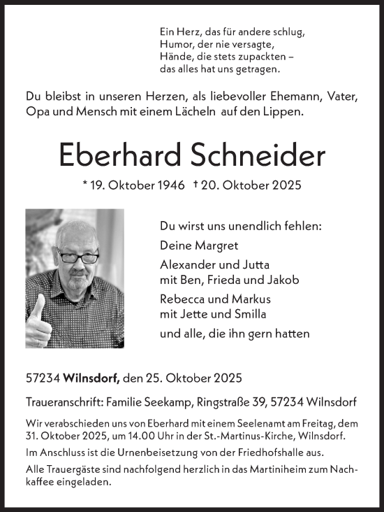 Traueranzeige von Eberhard Schneider von Siegener Zeitung