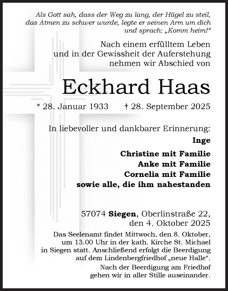  Traueranzeige für Eckhard Haas vom 04.10.2025 aus Siegener Zeitung