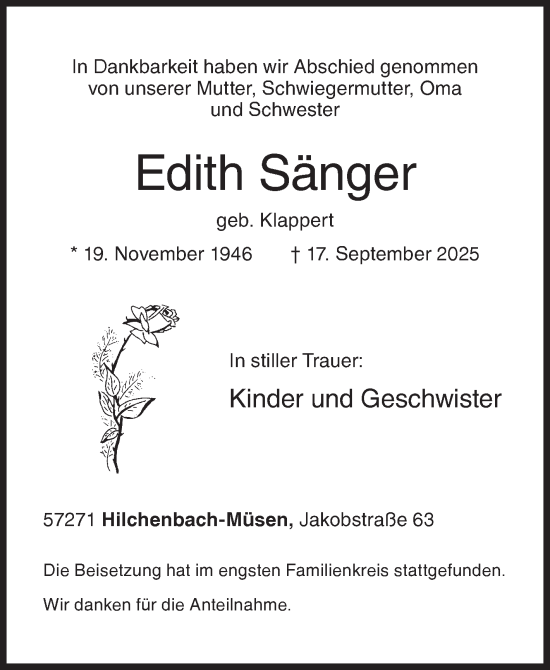 Traueranzeige von Edith Sänger von Siegener Zeitung
