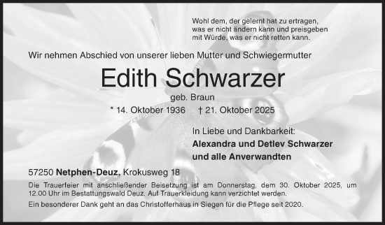 Traueranzeige von Edith Schwarzer von Siegener Zeitung
