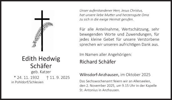 Traueranzeige von Edith Hedwig Schäfer von Siegener Zeitung