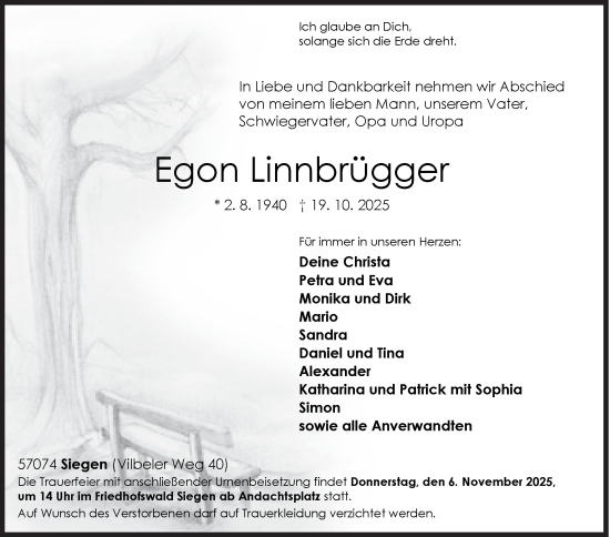 Traueranzeige von Egon Linnbrügger von Siegener Zeitung