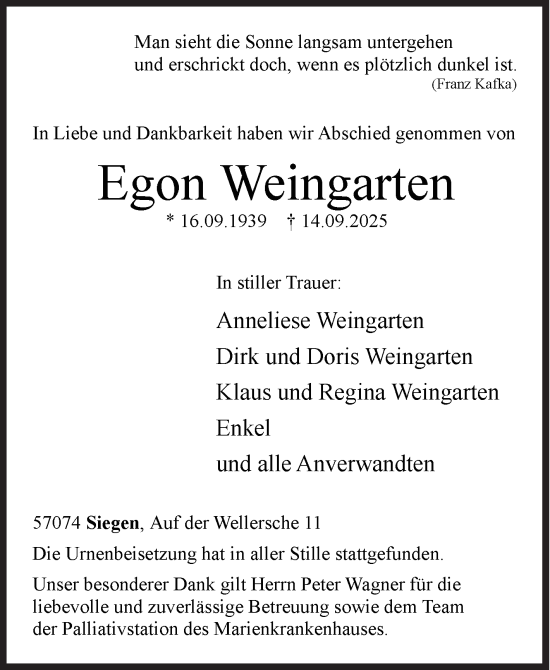 Traueranzeige von Egon Weingarten von Siegener Zeitung