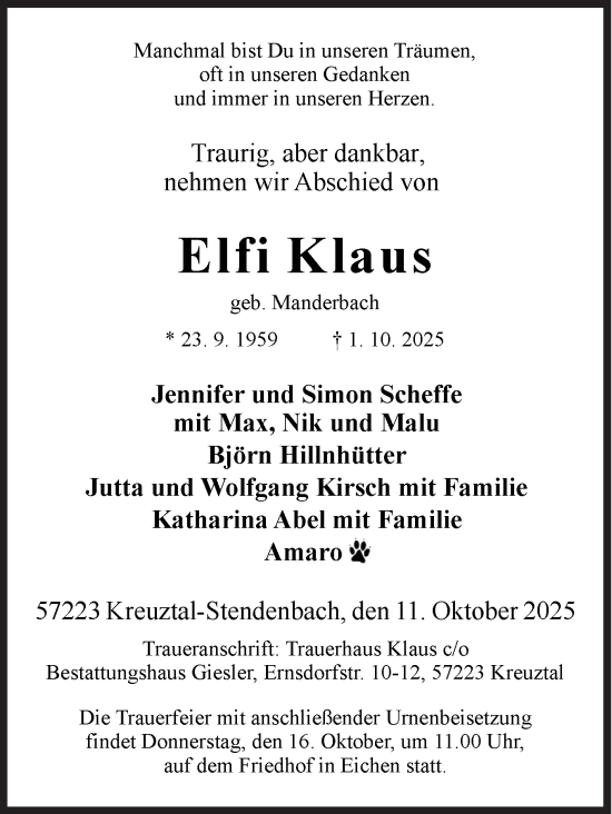 Traueranzeige von Elfi Klaus von Siegener Zeitung