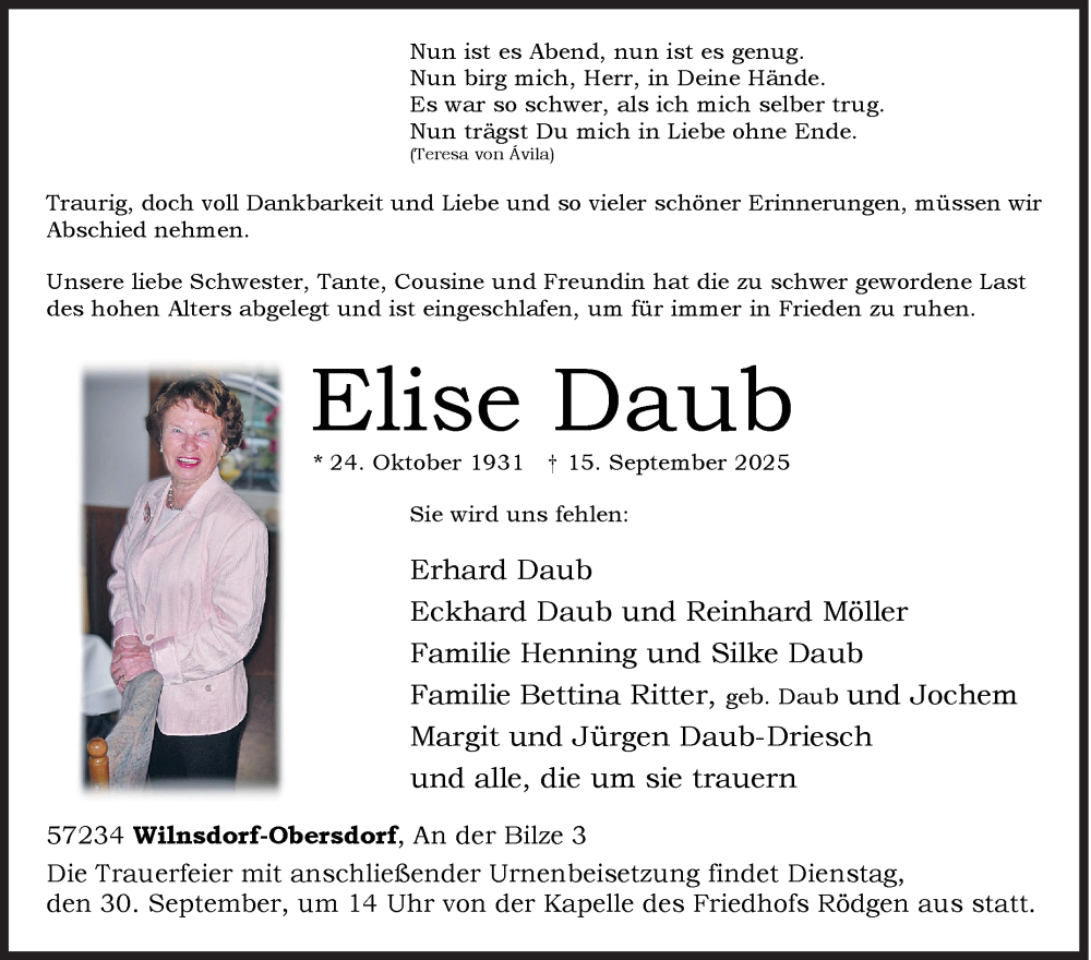  Traueranzeige für Elise Daub vom 27.09.2025 aus Siegener Zeitung