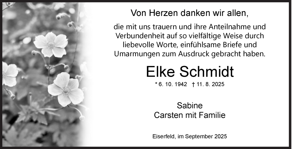  Traueranzeige für Elke Schmidt vom 27.09.2025 aus Siegener Zeitung