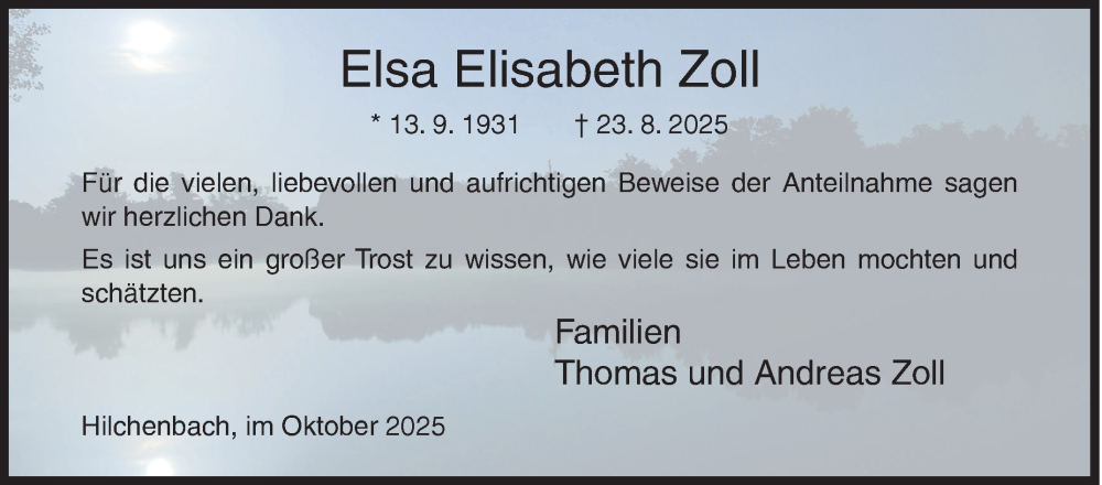  Traueranzeige für Elsa Elisabeth Zoll vom 11.10.2025 aus Siegener Zeitung