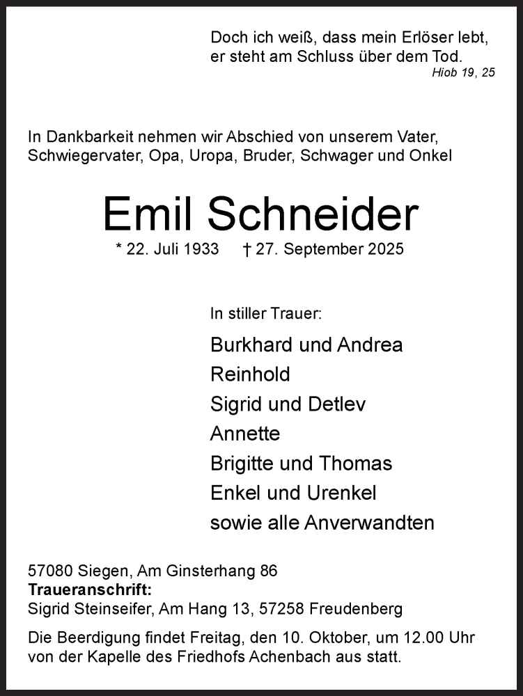  Traueranzeige für Emil Schneider vom 04.10.2025 aus Siegener Zeitung