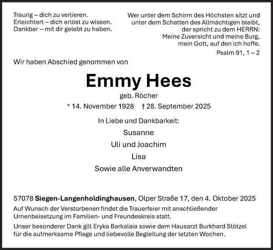 Traueranzeige von Emmy Hees von Siegener Zeitung