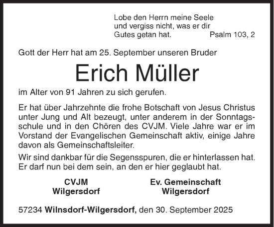 Traueranzeige von Erich Müller von Siegener Zeitung